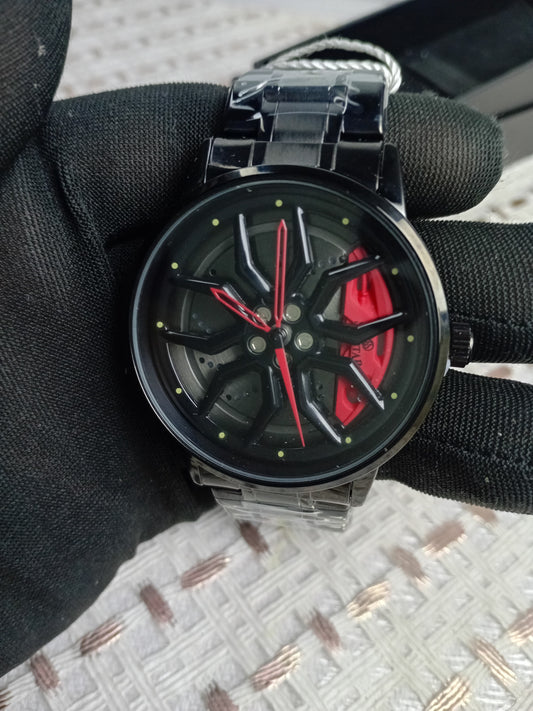 Men’s Alloy Rim Sports Watch – Unique Car Wheel Design, Luxury Stainless Steel Strap