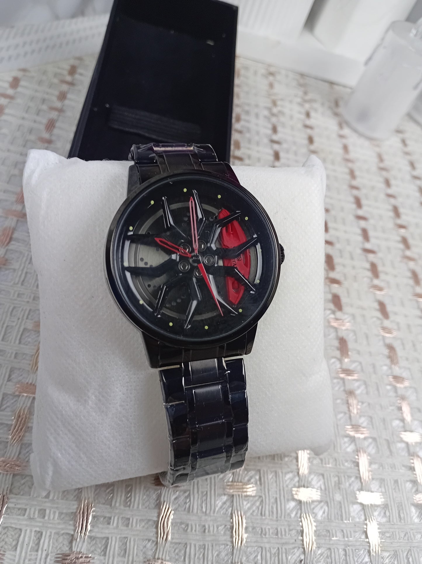 Men’s Alloy Rim Sports Watch – Unique Car Wheel Design, Luxury Stainless Steel Strap
