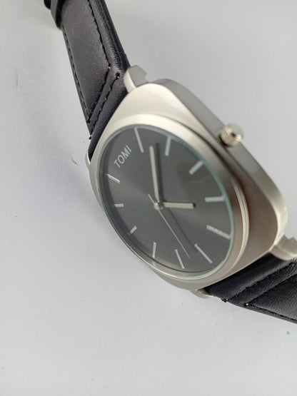 TOMI T084 Men’s Leather Strap Watch – Black Dial | Silver Border