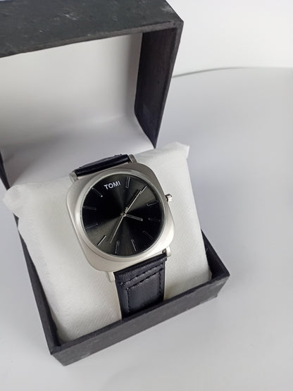 TOMI T084 Men’s Leather Strap Watch – Black Dial | Silver Border