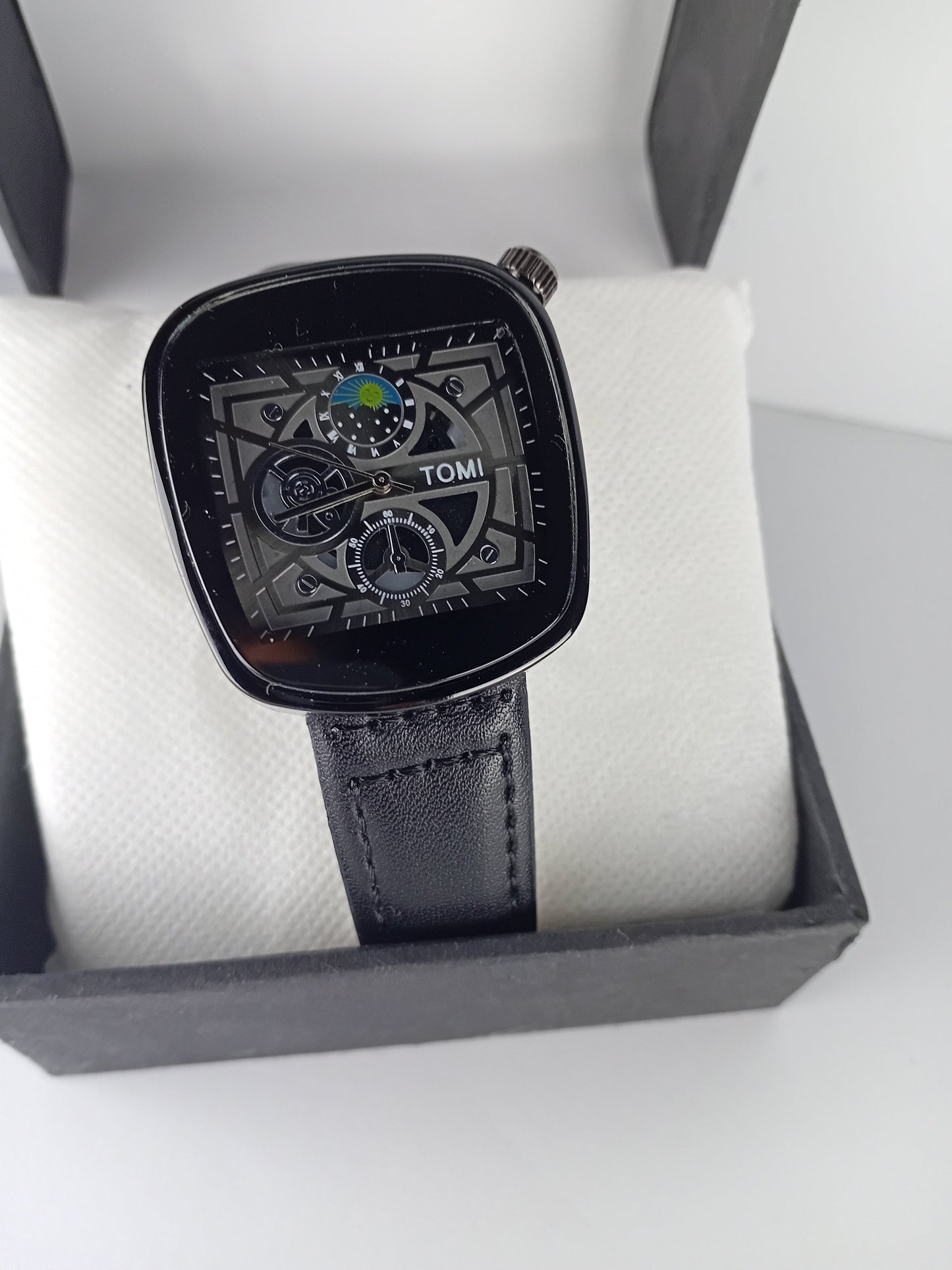 TOMI Square Skeleton Dial Men’s Watch – Black Leather Strap