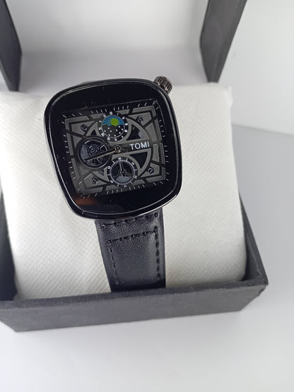 TOMI Square Skeleton Dial Men’s Watch – Black Leather Strap