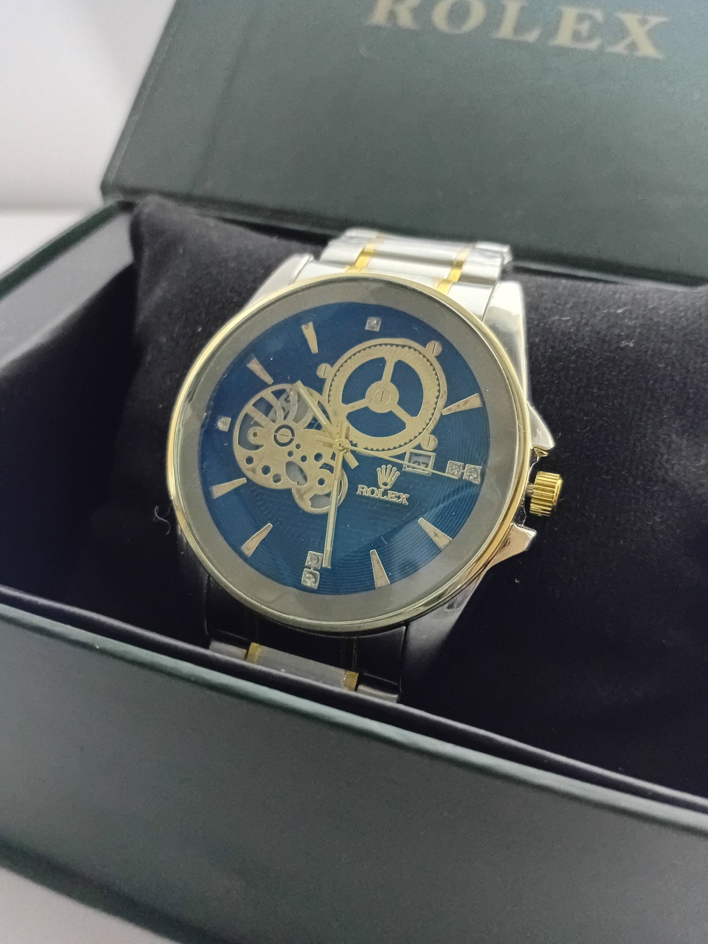 Rolex-Inspired Skeleton Automatic Watch – Black Dial | Silver & Gold Stainless Steel Strap