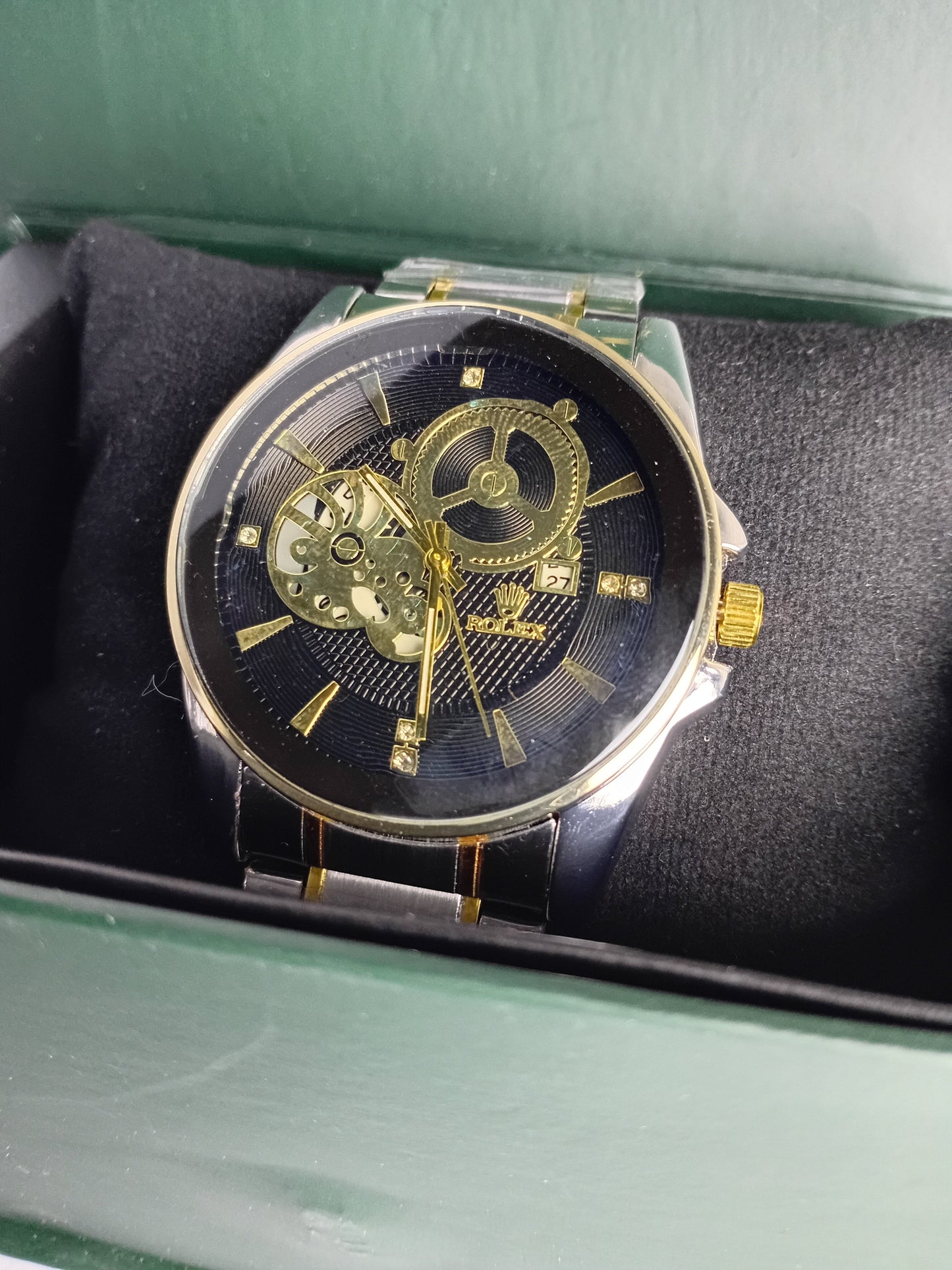 Rolex-Inspired Skeleton Automatic Watch – Black Dial | Silver & Gold Stainless Steel Strap