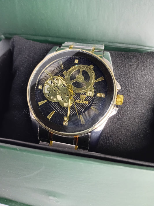 Rolex-Inspired Skeleton Automatic Watch – Black Dial | Silver & Gold Stainless Steel Strap