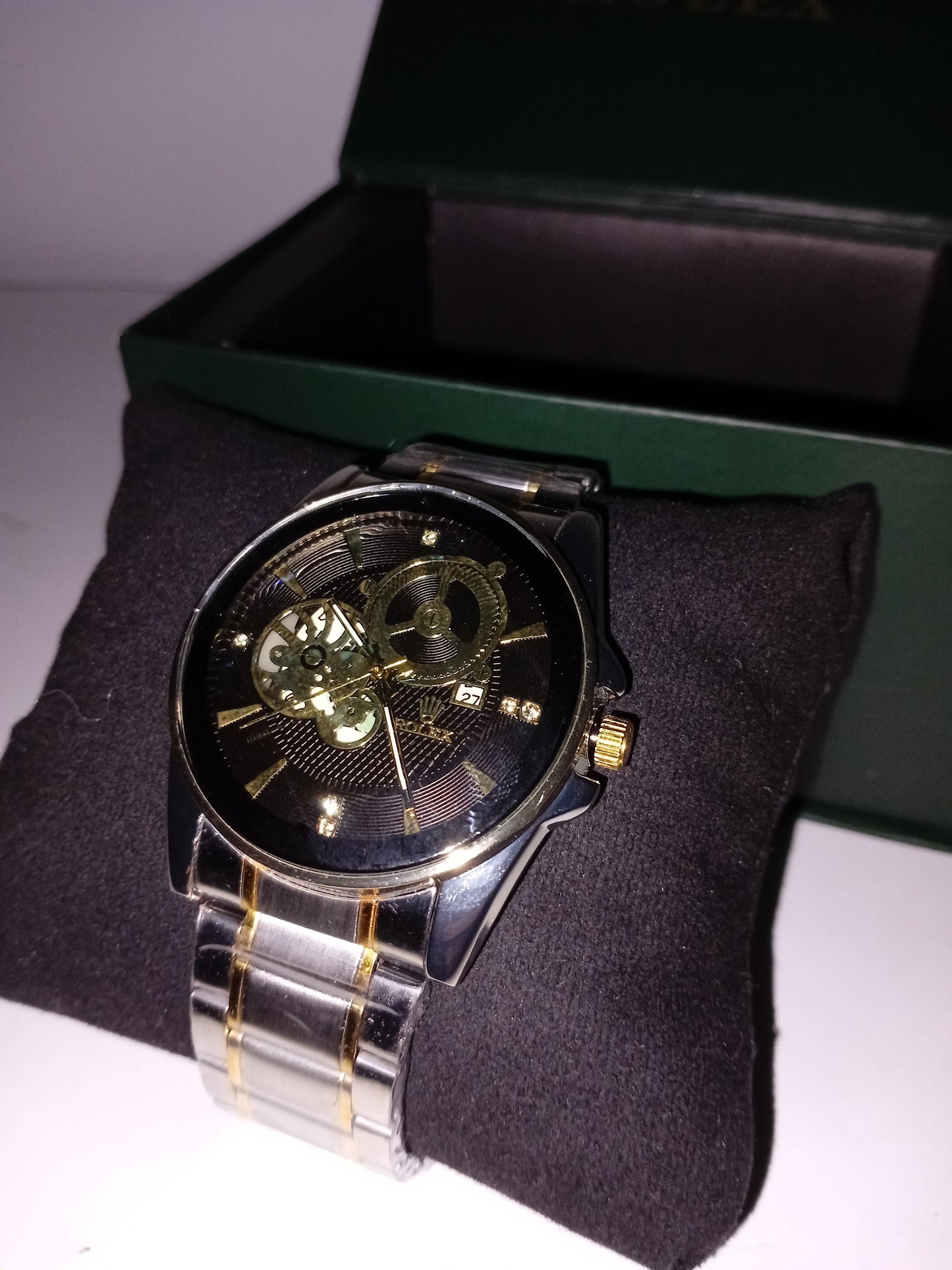 Rolex-Inspired Skeleton Automatic Watch – Black Dial | Silver & Gold Stainless Steel Strap