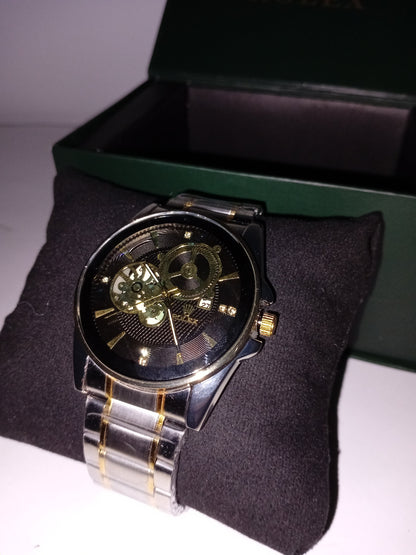 Rolex-Inspired Skeleton Automatic Watch – Black Dial | Silver & Gold Stainless Steel Strap