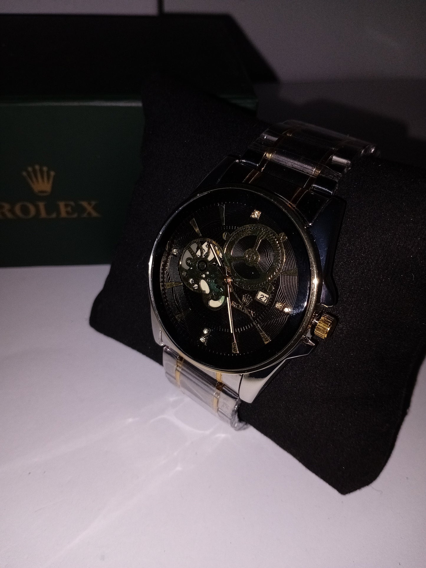 Rolex-Inspired Skeleton Automatic Watch – Black Dial | Silver & Gold Stainless Steel Strap