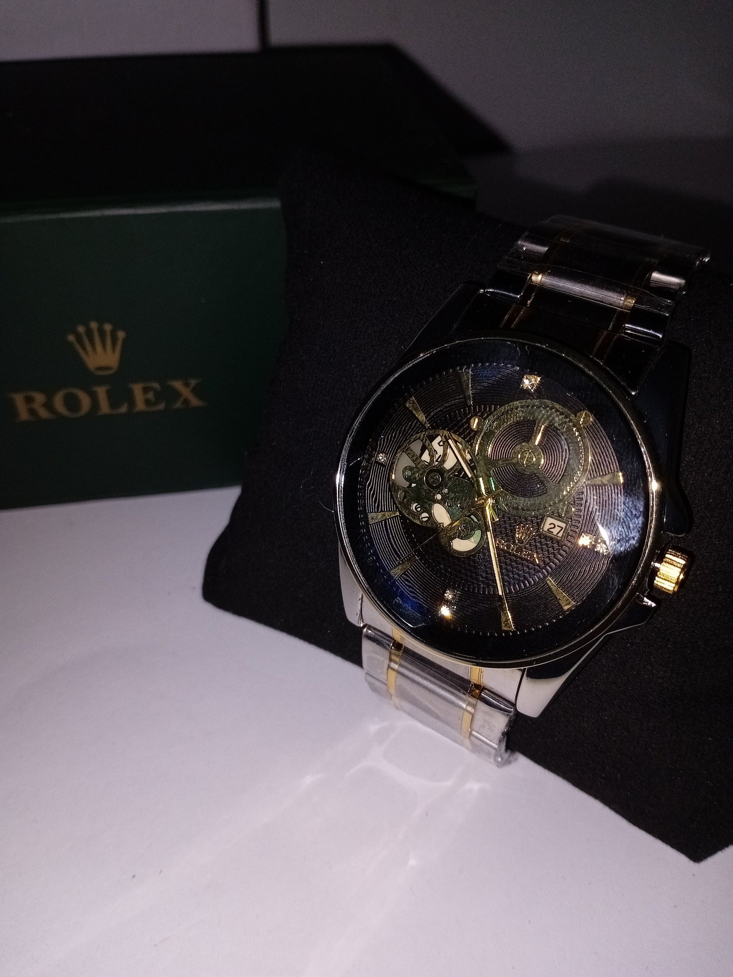 Rolex-Inspired Skeleton Automatic Watch – Black Dial | Silver & Gold Stainless Steel Strap
