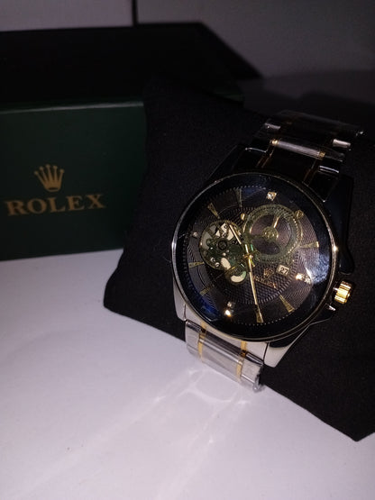 Rolex-Inspired Skeleton Automatic Watch – Black Dial | Silver & Gold Stainless Steel Strap