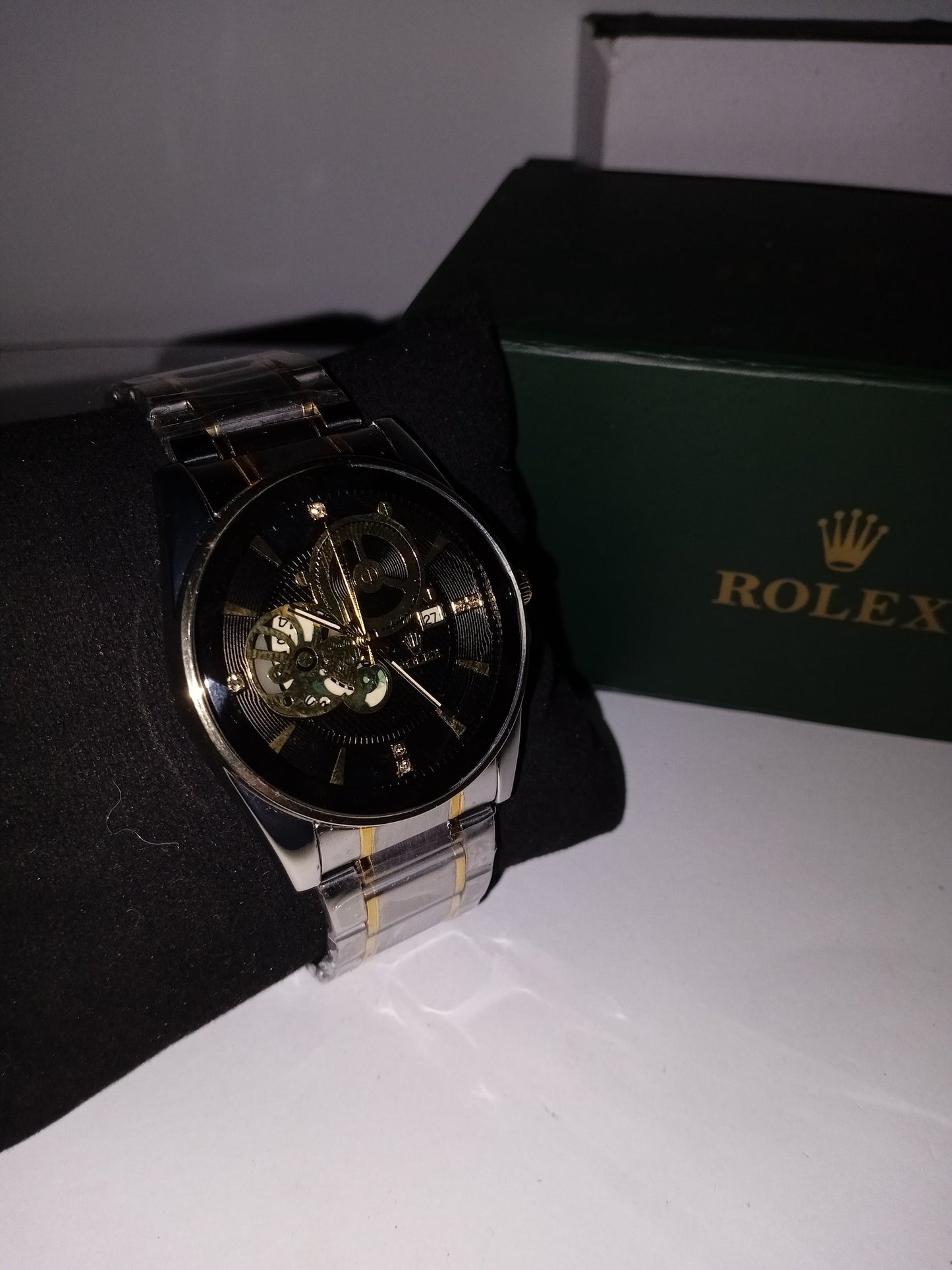 Rolex-Inspired Skeleton Automatic Watch – Black Dial | Silver & Gold Stainless Steel Strap