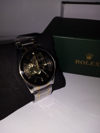 Rolex-Inspired Skeleton Automatic Watch – Black Dial | Silver & Gold Stainless Steel Strap