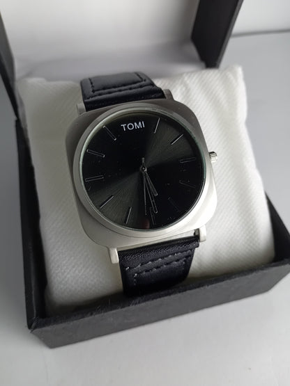 TOMI T084 Men’s Leather Strap Watch – Black Dial | Silver Border