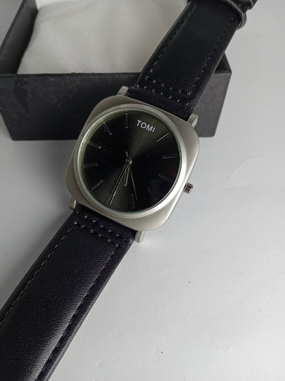 TOMI T084 Men’s Leather Strap Watch – Black Dial | Silver Border