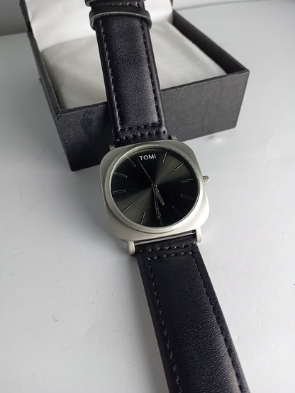 TOMI T084 Men’s Leather Strap Watch – Black Dial | Silver Border