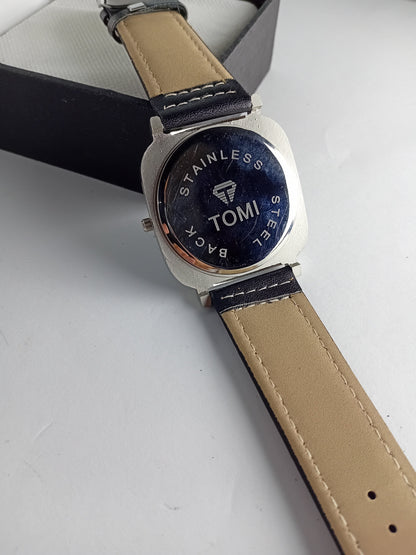 TOMI T084 Men’s Leather Strap Watch – Black Dial | Silver Border