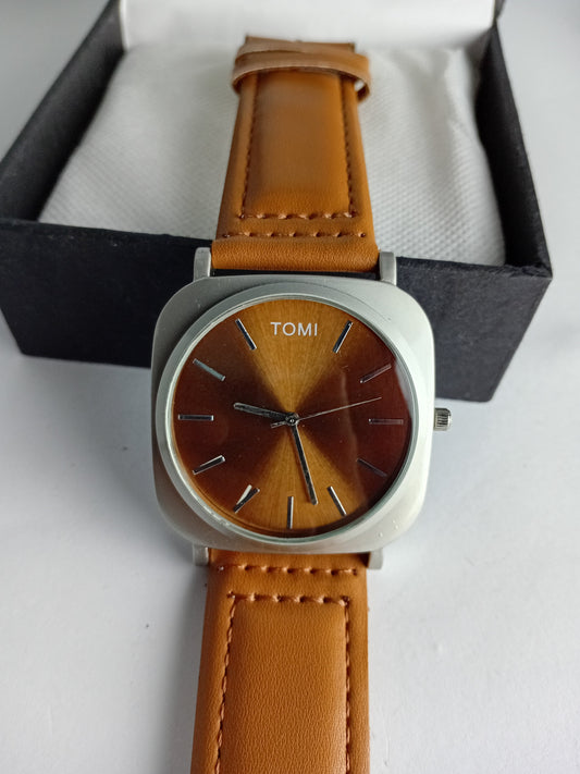 TOMI T084 Men’s Leather Strap Watch – Brown Dial | Silver Border