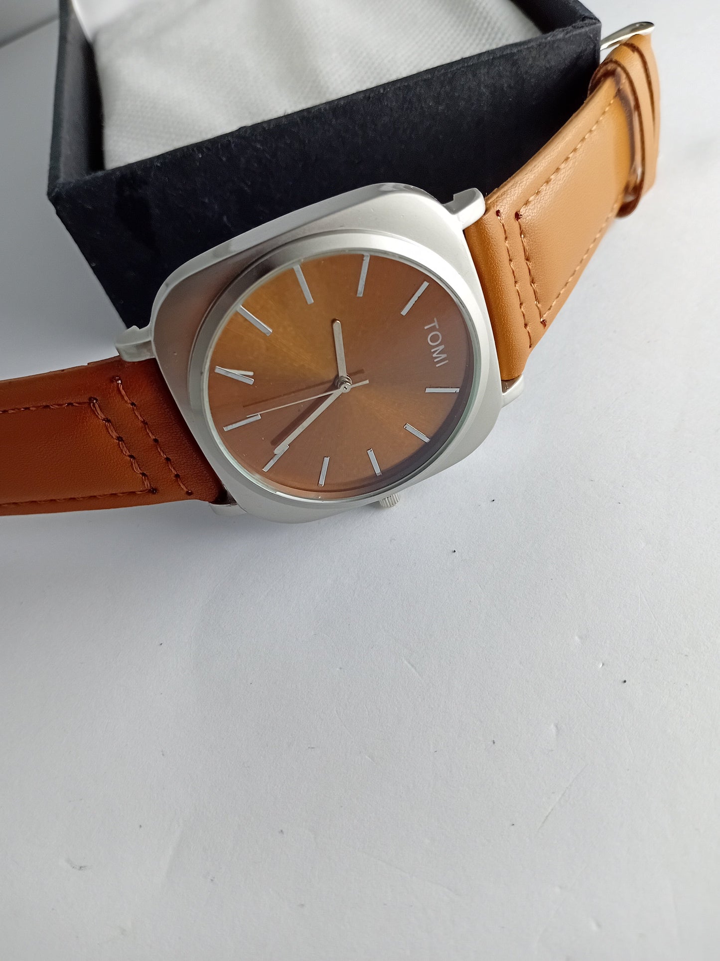 TOMI T084 Men’s Leather Strap Watch – Brown Dial | Silver Border