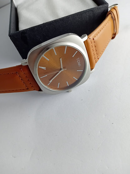 TOMI T084 Men’s Leather Strap Watch – Brown Dial | Silver Border