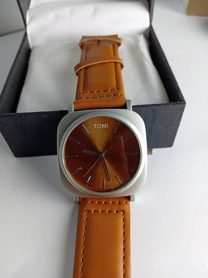 TOMI T084 Men’s Leather Strap Watch – Brown Dial | Silver Border