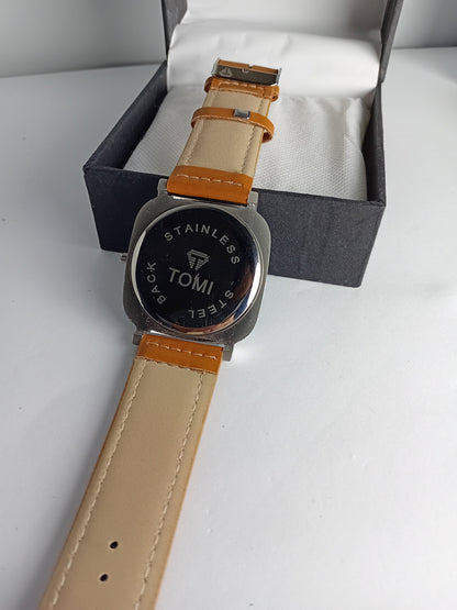 TOMI T084 Men’s Leather Strap Watch – Brown Dial | Silver Border