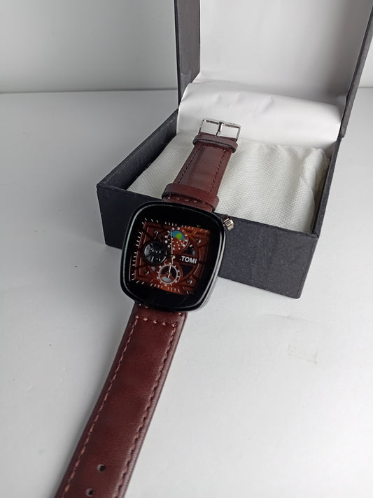 TOMI Square Skeleton Dial Men’s Watch – Brown Leather Strap