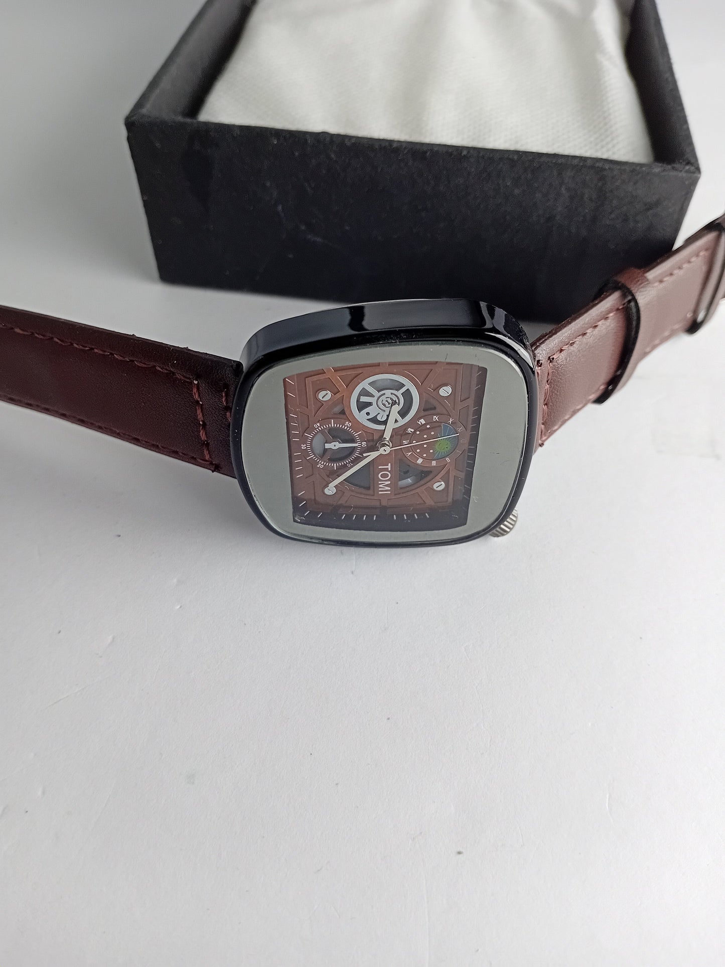 TOMI Square Skeleton Dial Men’s Watch – Brown Leather Strap