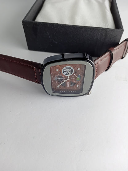 TOMI Square Skeleton Dial Men’s Watch – Brown Leather Strap