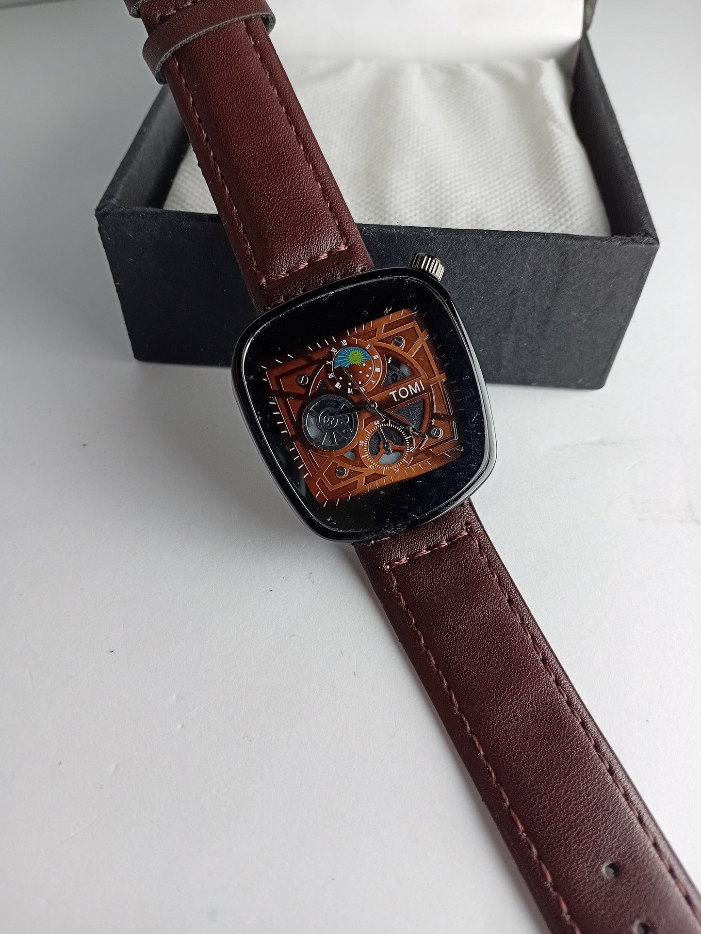 TOMI Square Skeleton Dial Men’s Watch – Brown Leather Strap