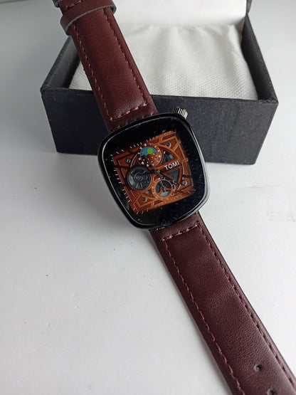 TOMI Square Skeleton Dial Men’s Watch – Brown Leather Strap