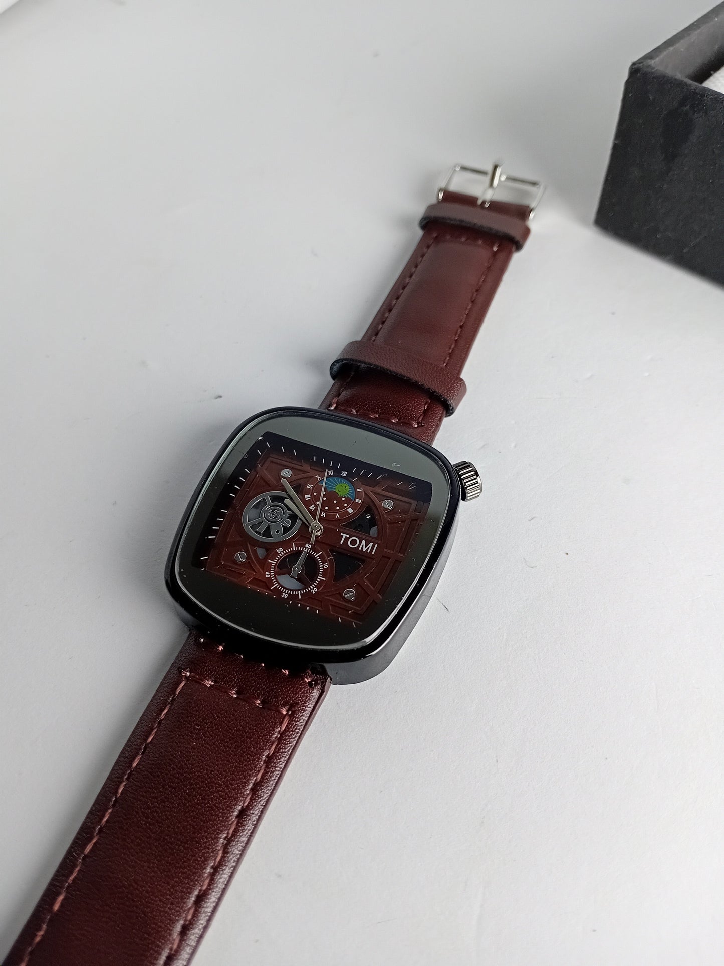 TOMI Square Skeleton Dial Men’s Watch – Brown Leather Strap