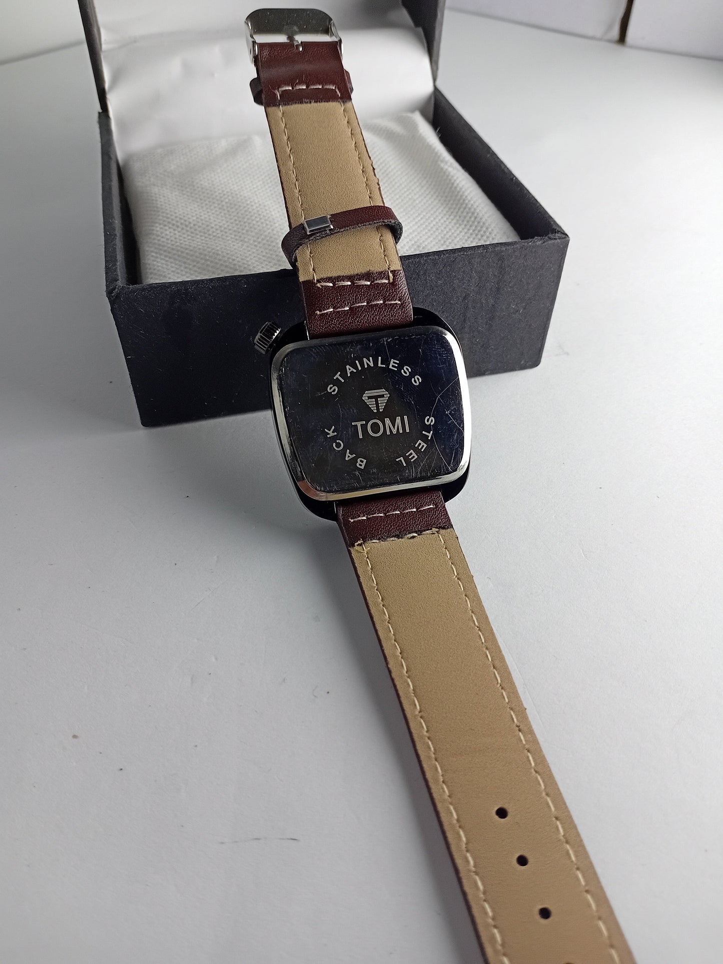 TOMI Square Skeleton Dial Men’s Watch – Brown Leather Strap