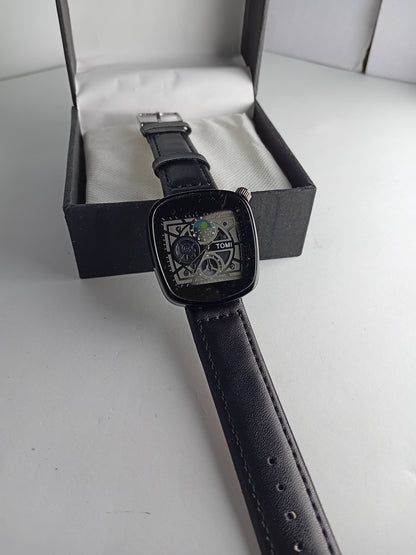 TOMI Square Skeleton Dial Men’s Watch – Black Leather Strap