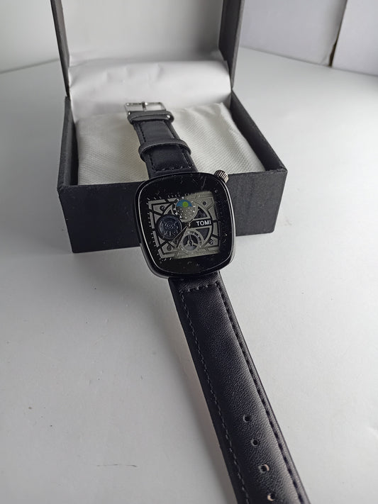 TOMI Square Skeleton Dial Men’s Watch – Black Leather Strap
