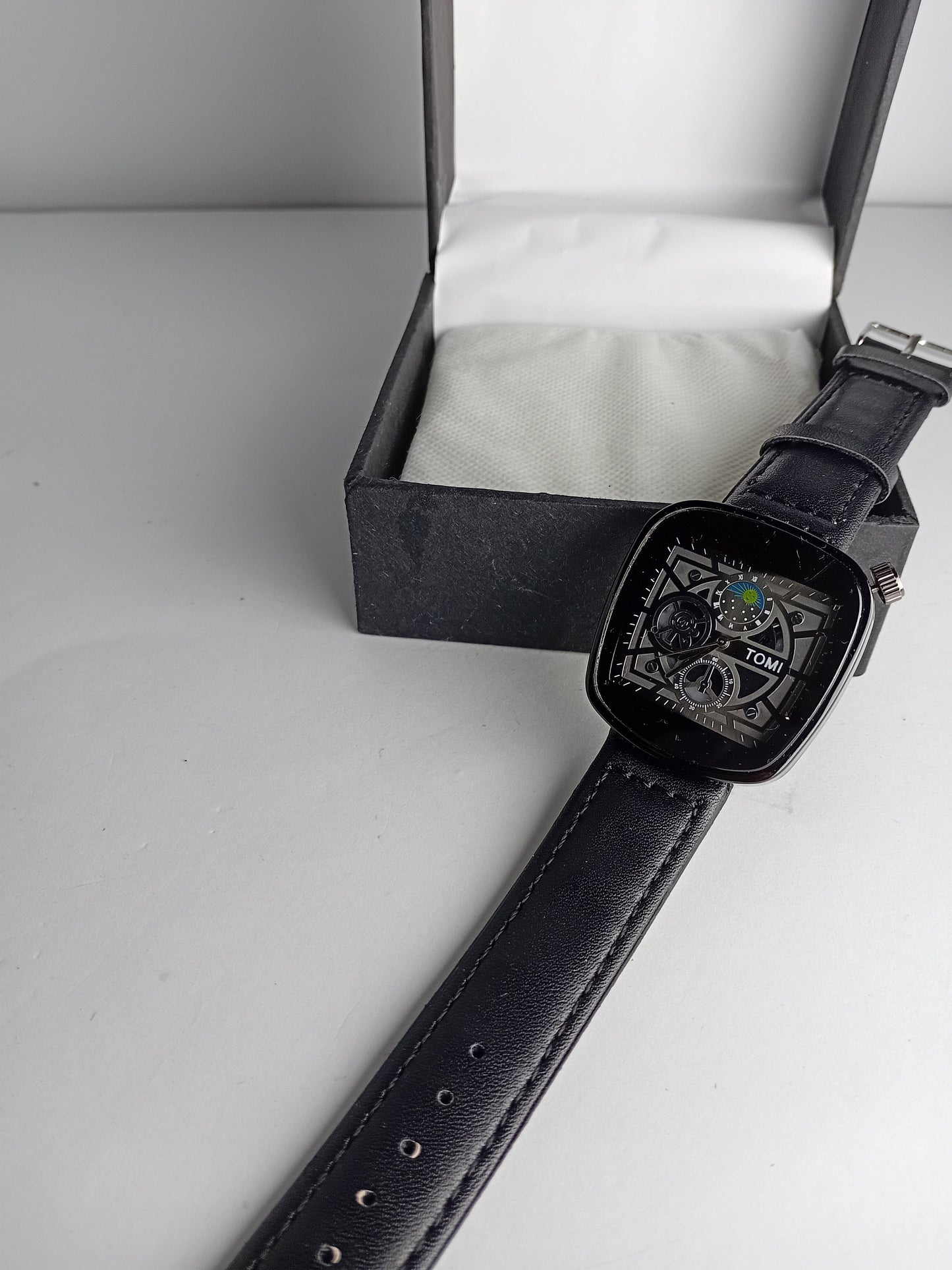 TOMI Square Skeleton Dial Men’s Watch – Black Leather Strap