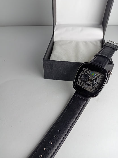 TOMI Square Skeleton Dial Men’s Watch – Black Leather Strap