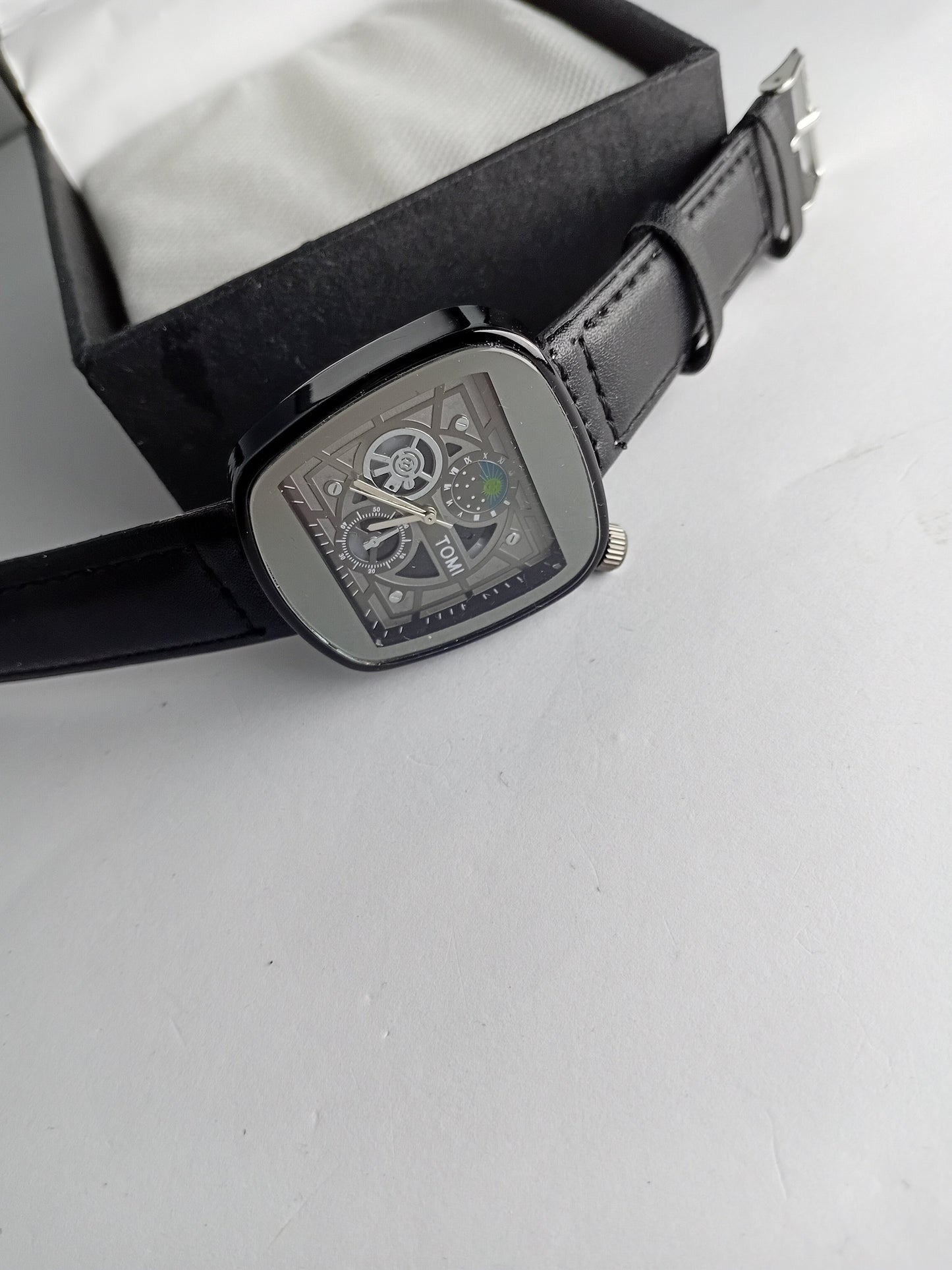 TOMI Square Skeleton Dial Men’s Watch – Black Leather Strap