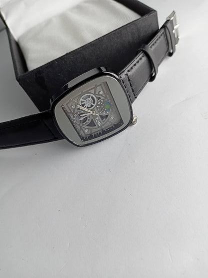 TOMI Square Skeleton Dial Men’s Watch – Black Leather Strap