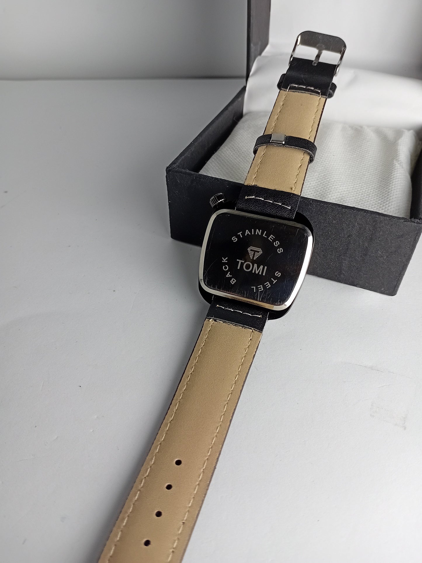 TOMI Square Skeleton Dial Men’s Watch – Black Leather Strap