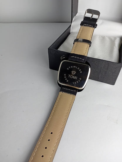 TOMI Square Skeleton Dial Men’s Watch – Black Leather Strap