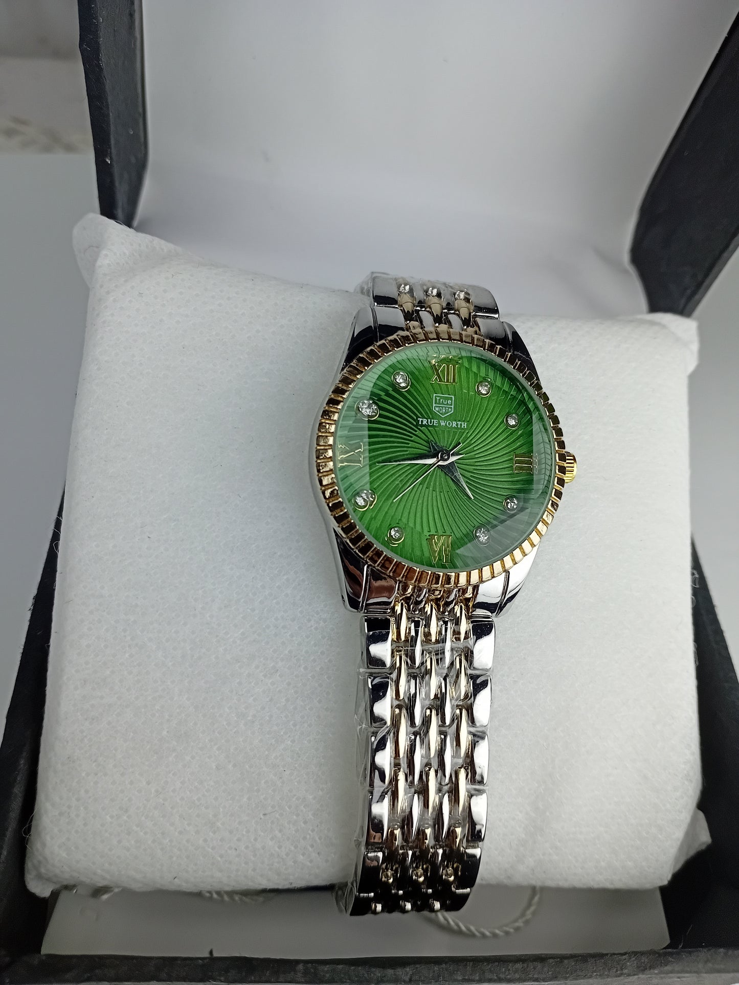 True Worth Women’s Luxury Two-Tone Watch – Green Dial with Crystal Markers