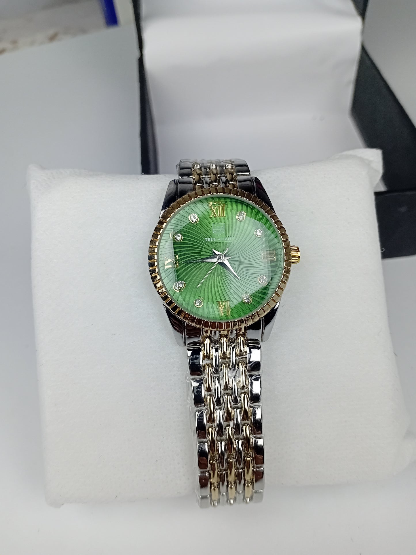 True Worth Women’s Luxury Two-Tone Watch – Green Dial with Crystal Markers