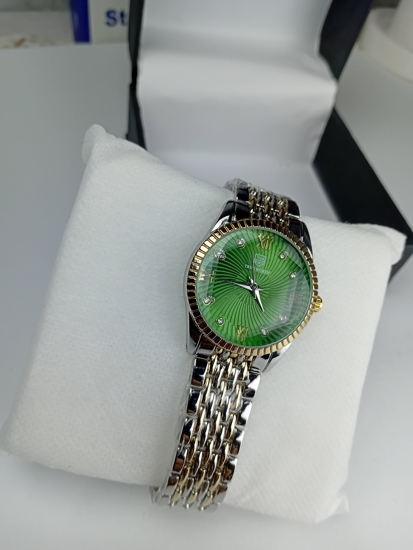 True Worth Women’s Luxury Two-Tone Watch – Green Dial with Crystal Markers