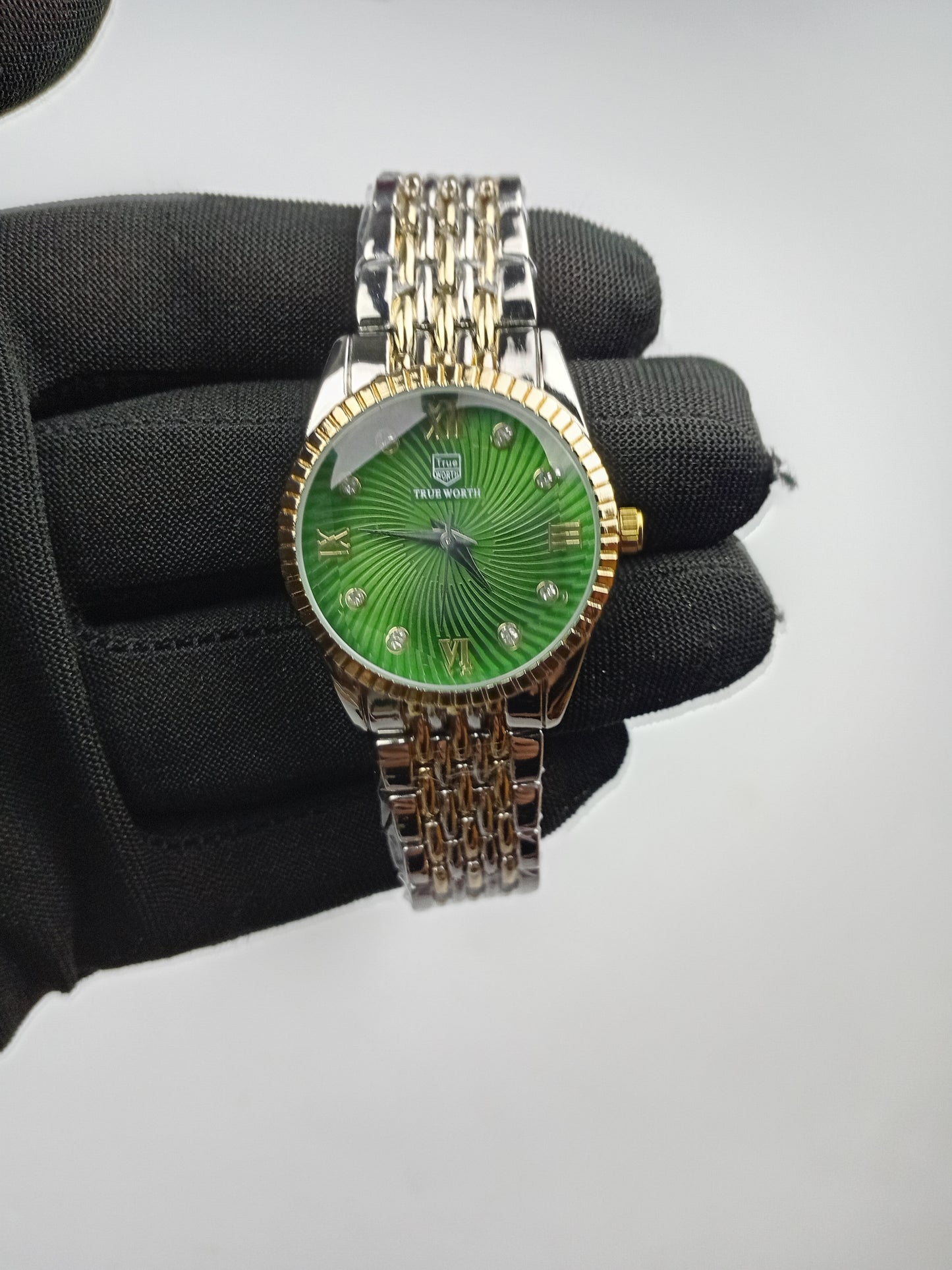 True Worth Women’s Luxury Two-Tone Watch – Green Dial with Crystal Markers