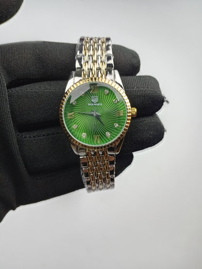 True Worth Women’s Luxury Two-Tone Watch – Green Dial with Crystal Markers