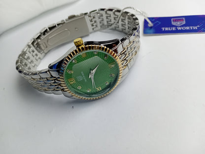 True Worth Women’s Luxury Two-Tone Watch – Green Dial with Crystal Markers