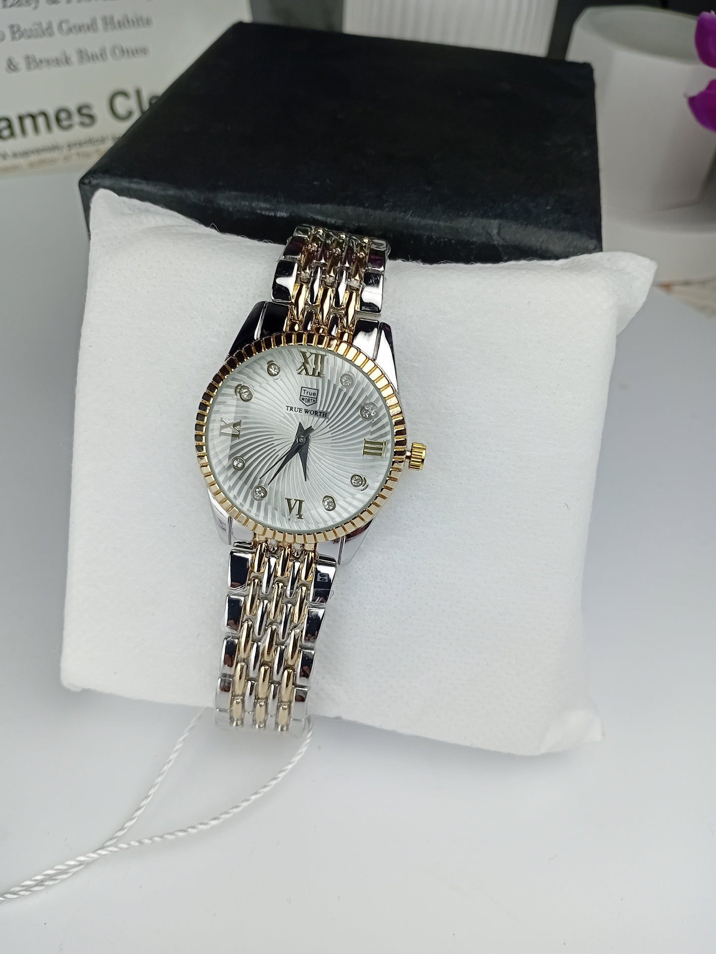 True Worth Women’s Luxury Two-Tone Watch – White Dial with Crystal Markers