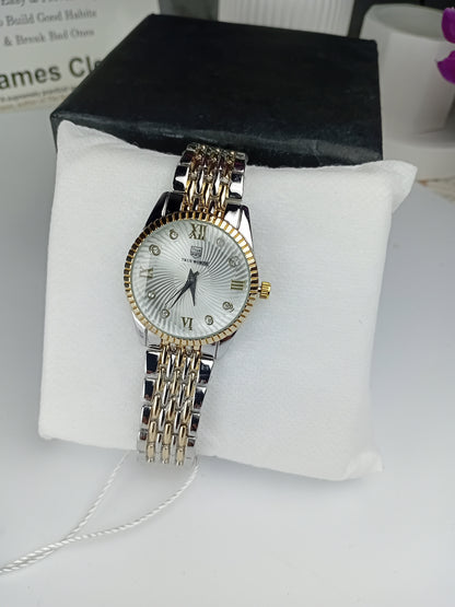 True Worth Women’s Luxury Two-Tone Watch – White Dial with Crystal Markers