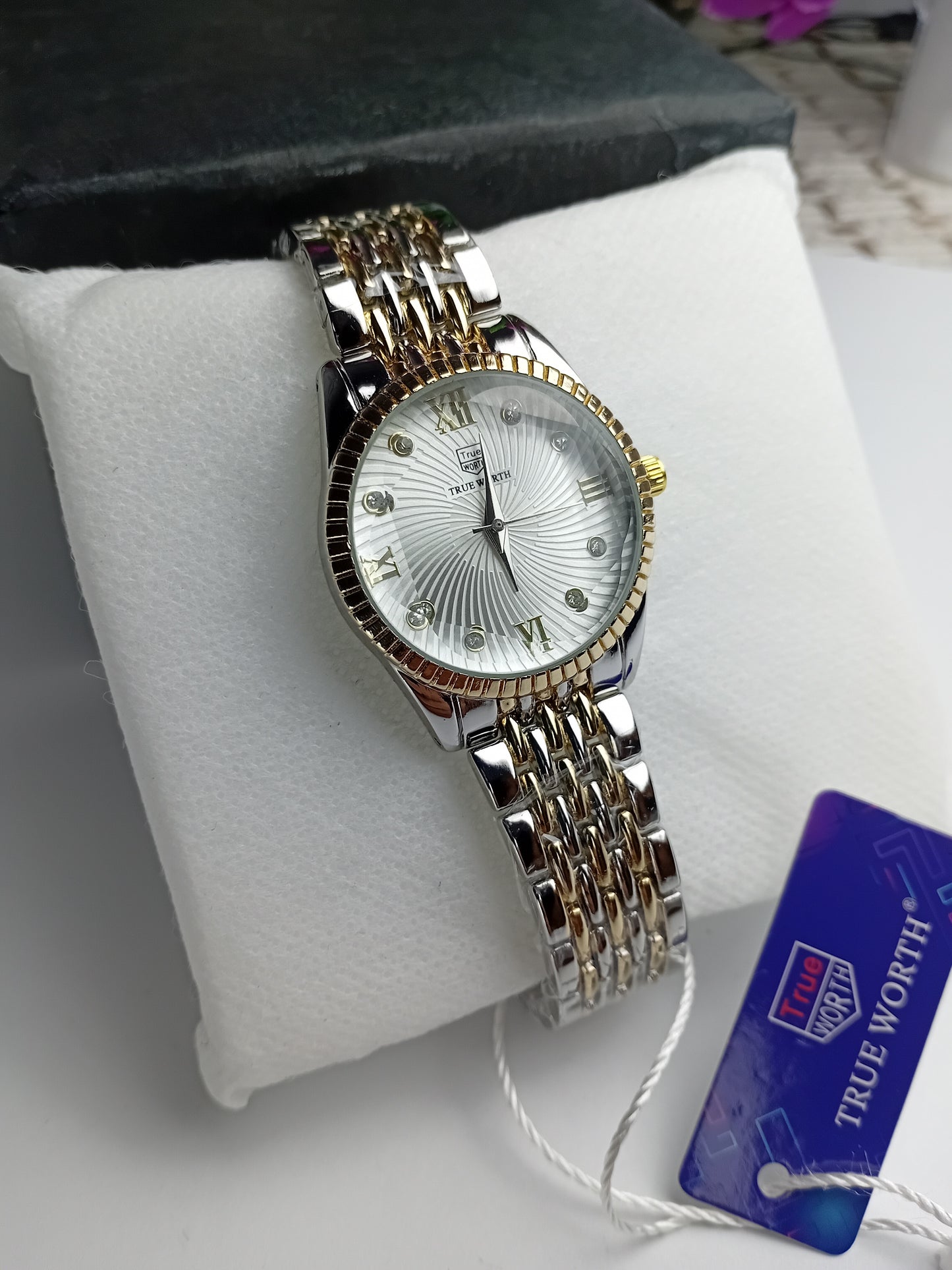 True Worth Women’s Luxury Two-Tone Watch – White Dial with Crystal Markers