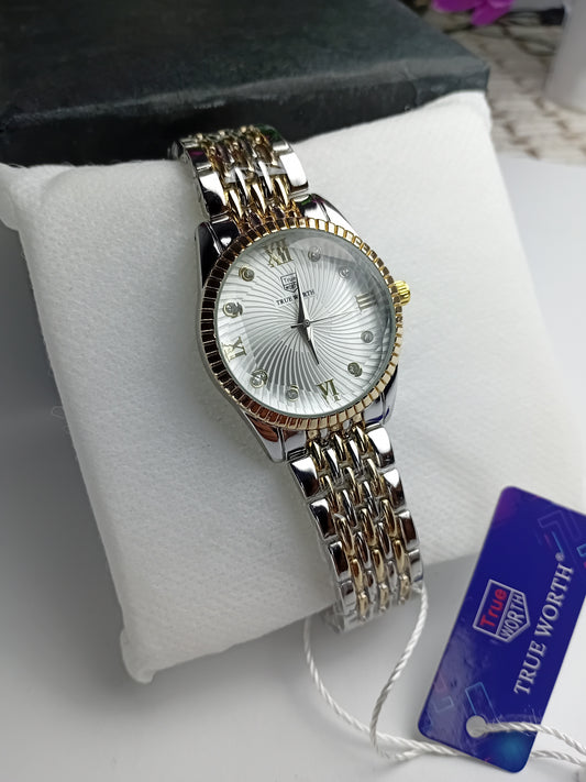 True Worth Women’s Luxury Two-Tone Watch – White Dial with Crystal Markers